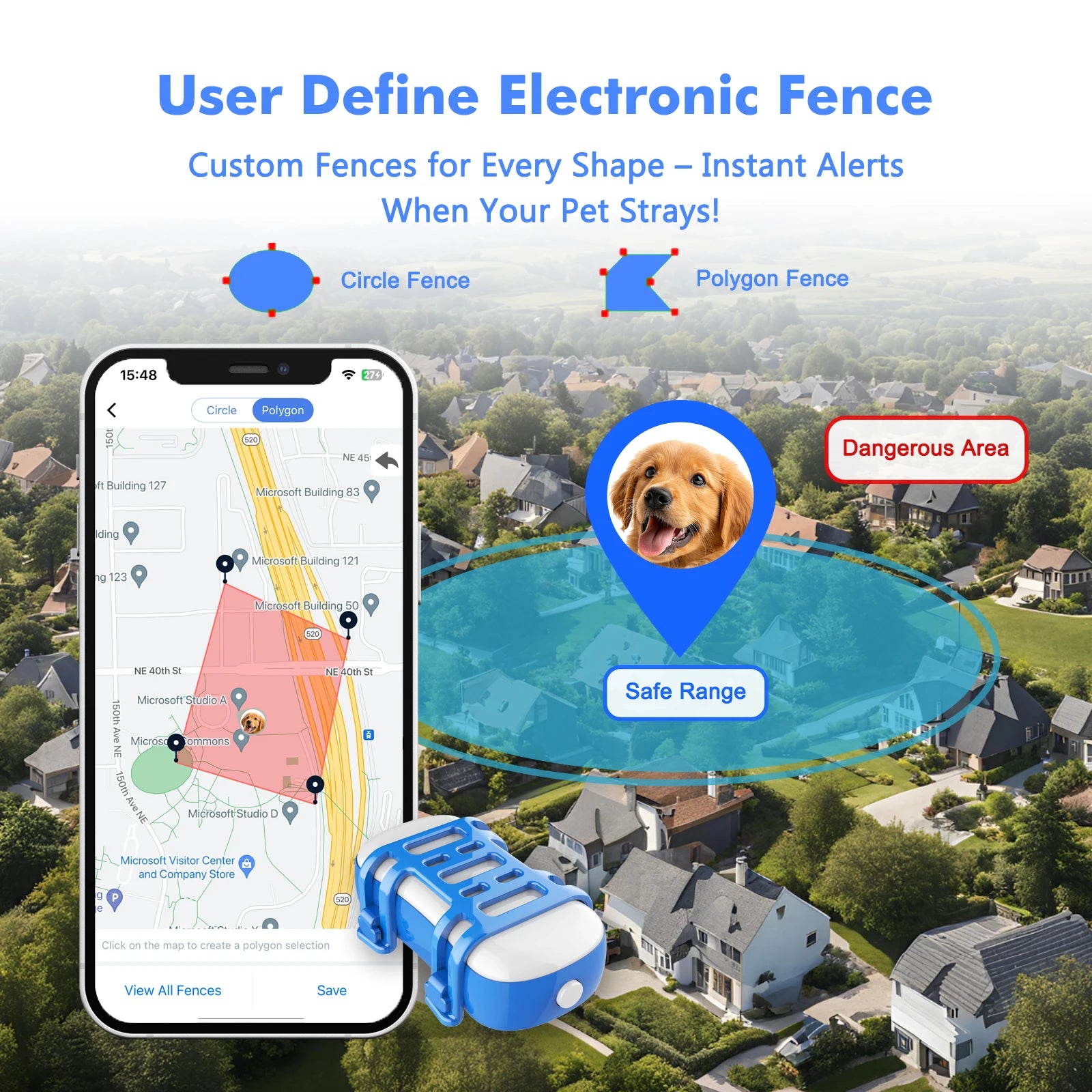 Pet tracking device with electronic fence feature on a smartphone app interface.