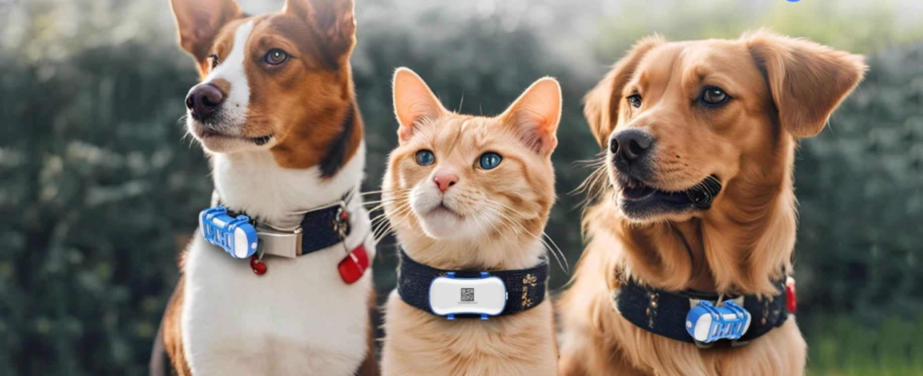 Two dogs and a cat wearing collars with tags, standing together outdoors.