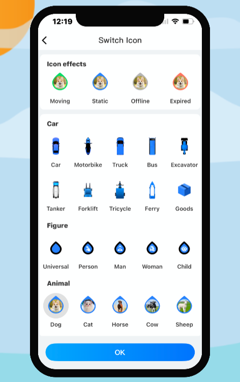 Phone screen displaying icon selection interface with various categories.