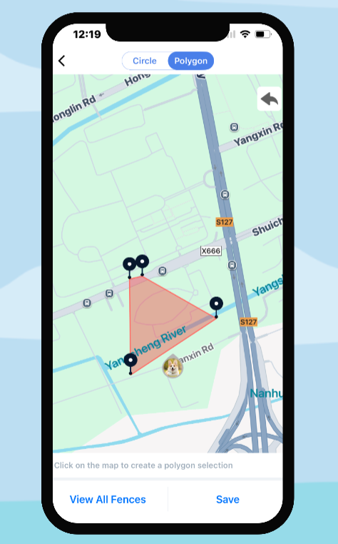 Phone screen showing a map application with polygon selection feature on a light blue background