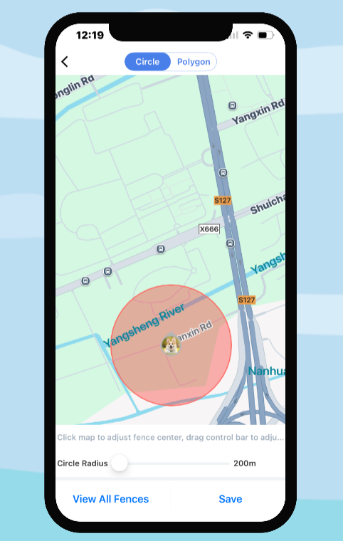 Phone screen showing a mapping application with a circle around a location on a map.