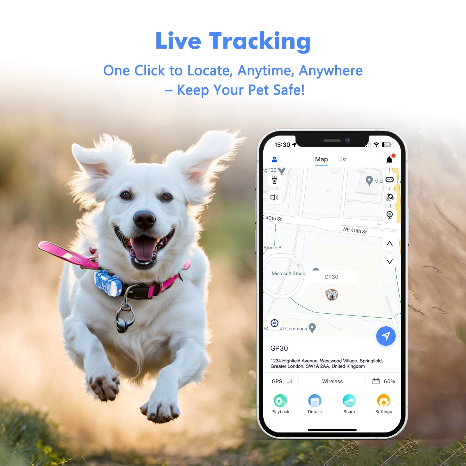 White dog running outdoors with a smartphone displaying a location app, emphasizing live tracking feature.